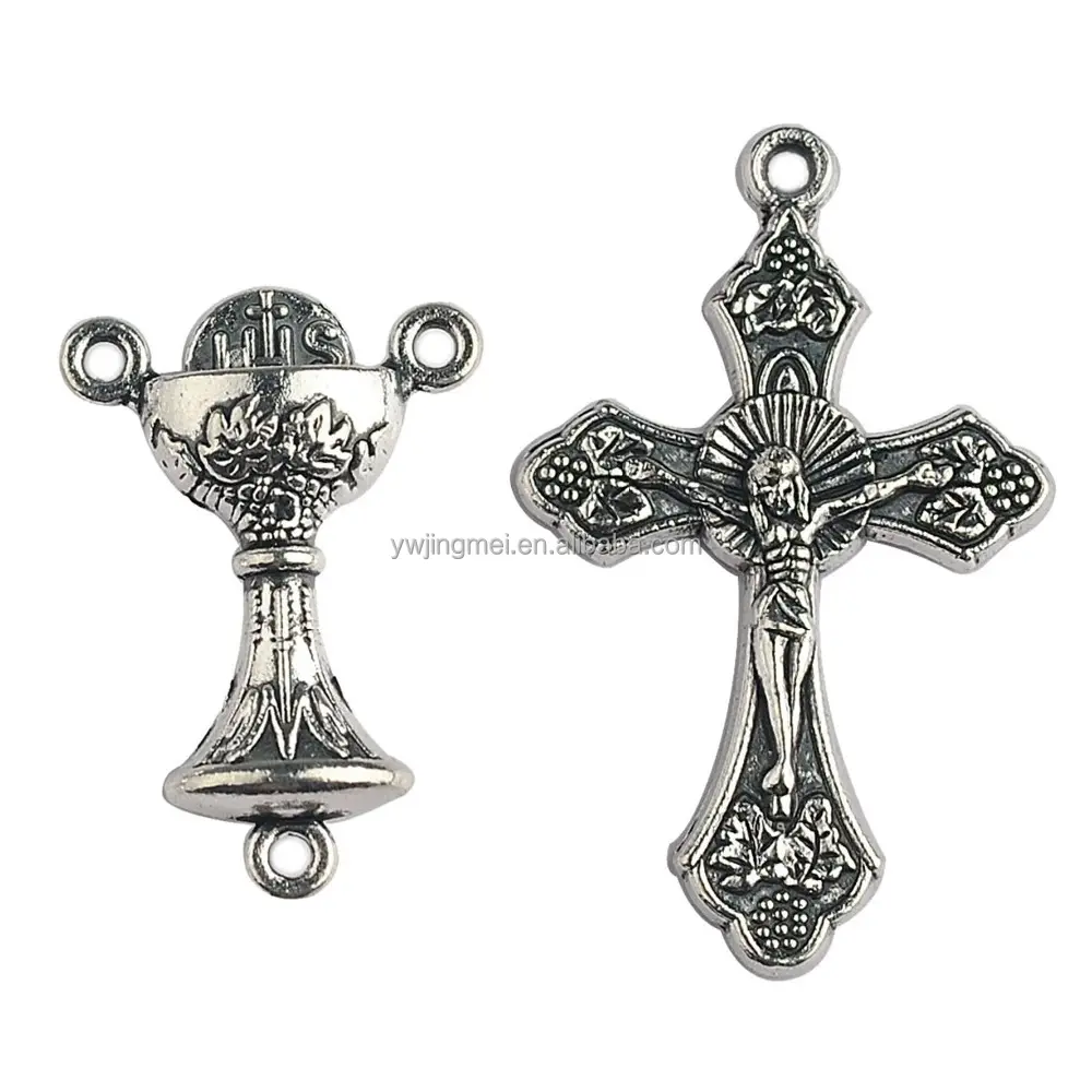 Religious Jewelry Necklace Making Accessories 0.87" Alloy Holy Cup Centerpiece Medal with 1.38" Catholic Rosary Crucifix Pendant