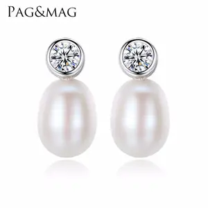 PAG&MAG Wholesale Vintage 8-9mm Freshwater Pearl Stud Earring Square Shaped AAA CZ Crystal silver Jewelry Earring For Women