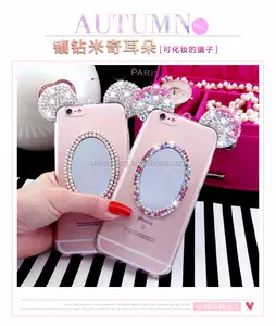 3D Bonito Dos Desenhos Animados Que Bling Diamante Rhinestone Orelhas de Mickey Minnie Caso de Telefone Claro Espelho Capa para iPhone 5 5S SE 6 7 7 6s Plus Plus