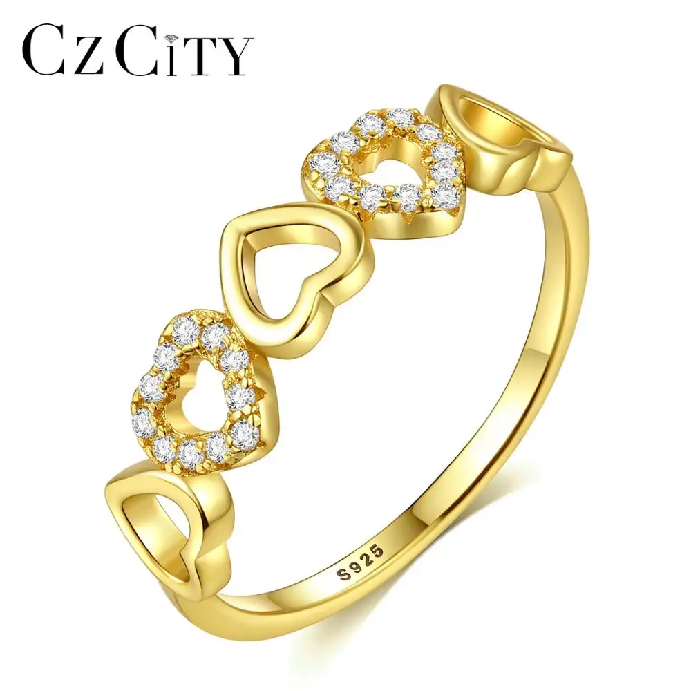 CZCITY Diamond Ring Gold Luxury Gold Plating Heart Design 925 Silver Sterling Rings Fine Jewelry Heart Band Rings