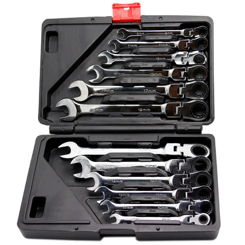 12pcs Set Car Repair Tools 8-19mm Flexible Head Combination Ratchet Wrench Torque Spanner Double Offset Ratchet Ring Wrench Kit