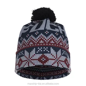 snowflake printing polar fleece beanie with top ball with pom pom