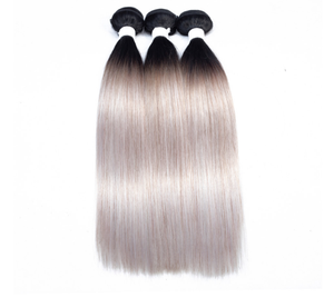 Estensioni di <span class=keywords><strong>Capelli</strong></span> Umani Brasiliani Grigio Platino Ombré, 3 Fasci Bicolore 1B/Grigio, Radici Scure, Lisci - Product Image 4