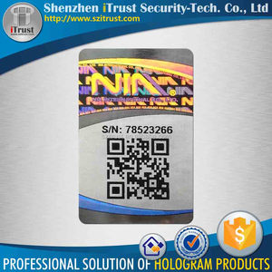 Stiker logo <span class=keywords><strong>Hologram</strong></span> transparan kode Qr keamanan Label Laser warna pelangi cetak ukuran kustom 3d
