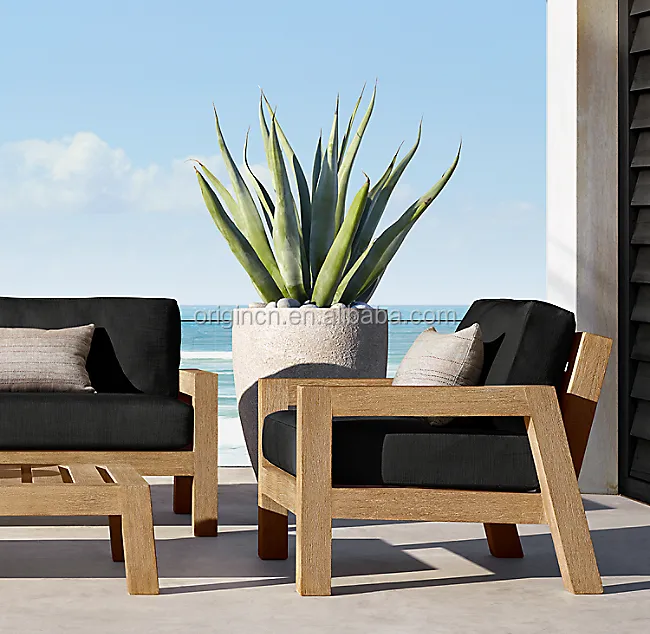 Disegno semplice beach mobili all weather utilizzato tavolino e divano set in legno di teak outdoor