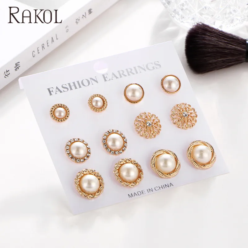 RAKOL SE012 Thiết Kế Mới Lạ Mắt 6 Cặp Bộ 24K Mạ Vàng Ngọc Trai Stud Earrings Đối Với Phụ Nữ Ear Stud