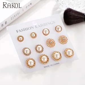 RAKOL SE012 New design fancy 6 pairs sets 24K gold plated pearl stud earrings for women ear stud