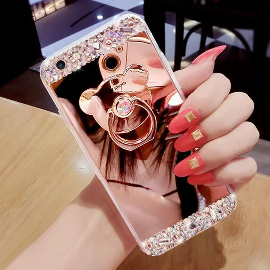 キラキラ高級電話ケースiPhone6 6S 5S 7 Plus 8 8PLUS X XS XR 11 12 Pro Max Capa Diamond Mirror Bear Ring Holder Cover