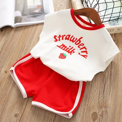 Hao Baby Children Clothes Girls Strawberry Printed Vest Shorts Two-Piece T-Shirt Children Shorts In The Summer Leisure Suit