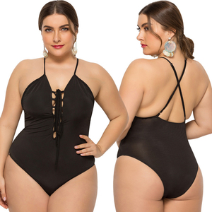2019 New Fat Woman Halter One Piece Swimsuit Solid Color Hot Spring <strong>Plus</strong> <strong>Size</strong> Swimwear Women 2XL 5XL Black <strong>Tankini</strong> - Product Image 1