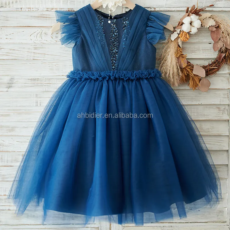 Vestido azul marino con cuentas de cristal, mangas esponjosas, vestido de flores de boda para niña, vestido de princesa para fiesta de cumpleaños, vestido de vacaciones para niña pequeña