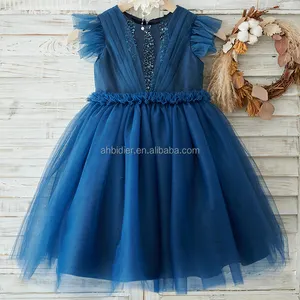 Donanma mavi kristal boncuklu kabarık kollu düğün çiçek kız elbise prenses doğum günü partisi elbisesi bebek kız yürümeye başlayan tatil elbisesi