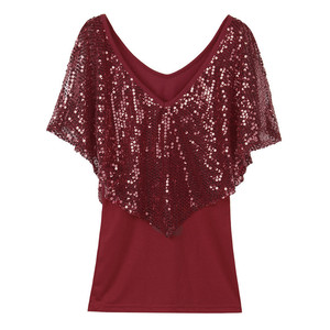 Summer Fashion <strong>Tops</strong> Women Flutter Sleeve V Neck <strong>Sequin</strong> Blouse Casual Solid Breathable Shirts - Product Image 3