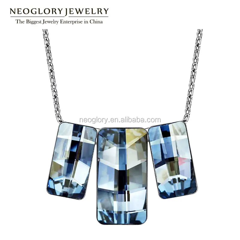 Neoglory Kalung Liontin Kristal Biru Laut Persegi Desain Terbaru Dibuat dengan Elemen Swarovski