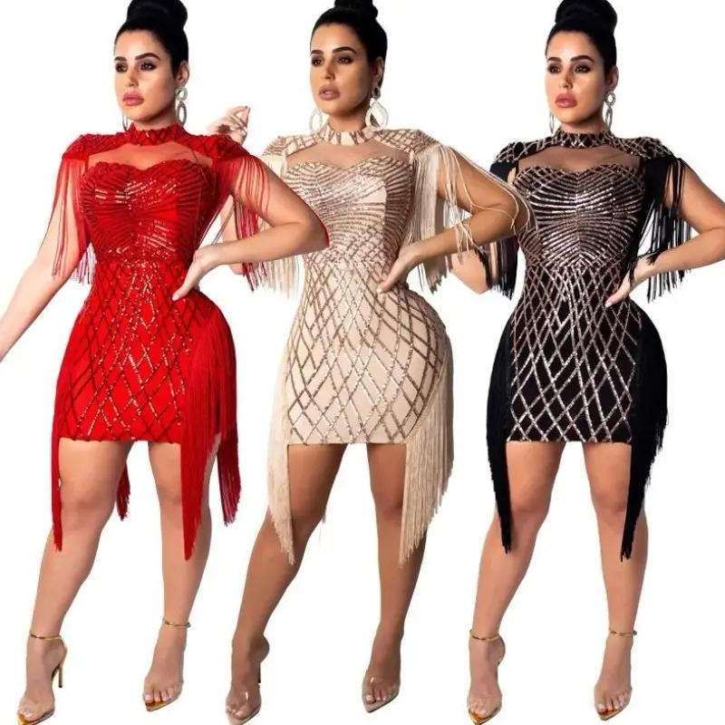 3 Color Women sequin tassel hollow out sexy mini dress bodycon fashion short prom night club party dresses vestidos CY8033