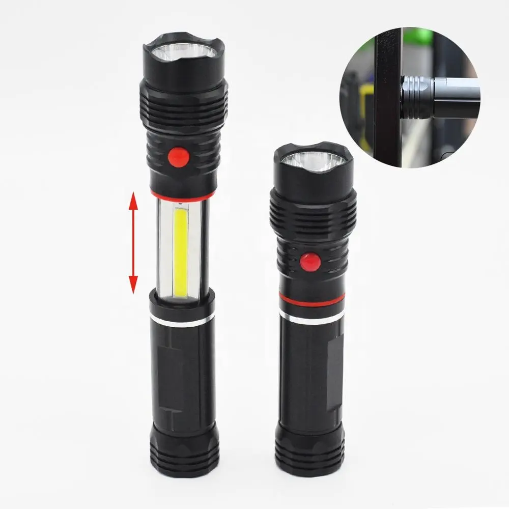 Double light source work light zoomable T6 COB Tactical LED flashlight With magnet