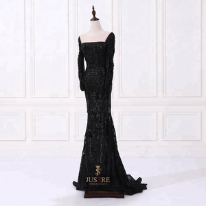 Negro de lujo pesado <span class=keywords><strong>trabajo</strong></span> hecho a mano con cuentas de encaje de manga larga vestidos de noche vestido de fiesta - Product Image 2