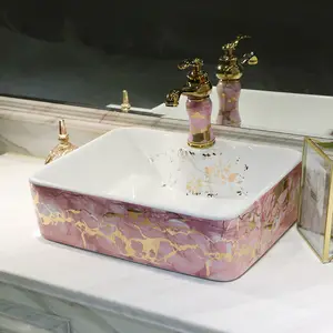 Jingdeungen lavatório artístico de porcelana, popular, rosa, com cor dourada, retangular, cerâmica, para hotel