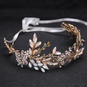 Champagne alloy Crystal Bead Flower Bride Headbands Hair Comb Princess Wedding Hairband Bridal Hairbands Hair Accessories Crown