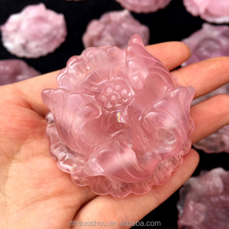 Hand Carved Crystal Craft Goods Natural Rose Quartz Lotus/Peony Flower,Water Lily Flower