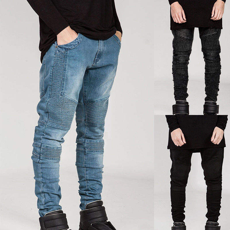 Mens Skinny Biker Jeans Destroyed Frayed Denim Pants