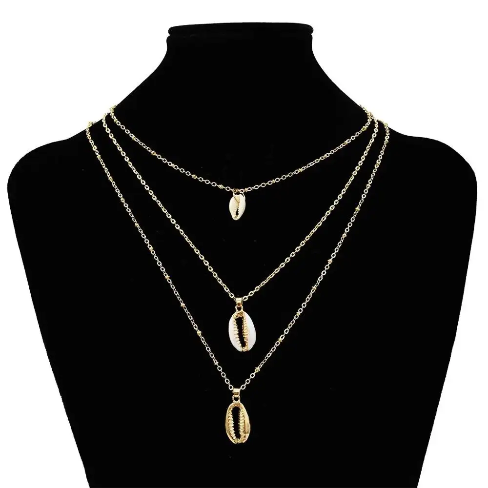 Fashion Gold Metal Natural Sea Shell Pendant Necklaces Multilayer Link Chains Necklace For Women Summer Jewelry