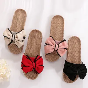 Summer New Women Slippers Bowknot Home Indoor Slippers Comfortable Breathable Linen Female Beach slides sandals shoes