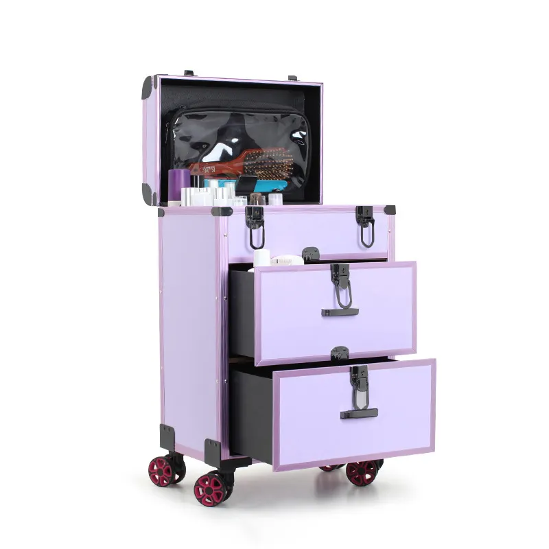 Yaeshii 3 in 1 Pink Profession eller Make-up-Wagen Profession eller rollender Aluminium rahmen Masken bildner Benutzer definierter Aluminium-Schönheits koffer