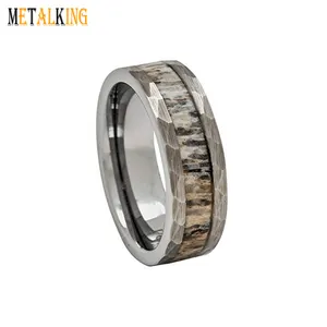 8毫米锤钨戒指结婚戒指，鹿茸镶嵌，扁平，舒适贴合
