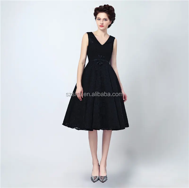 High Quality Black Elegant Modern Party Prom Dress V Neck Knee-length Sleeveless Lace-up Bow Lace Evening Dress