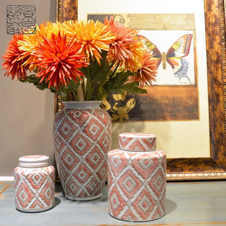 Jarrón de cerámica decorativo para decoración del hogar, jarrón de porcelana chino, moderno, barato, flor rosa