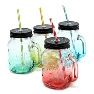 Botol Penyimpanan Minuman Buah, Luaran Kreatif Warna Gradien Mason Jar Kaca Transparan Icecream Musim Panas