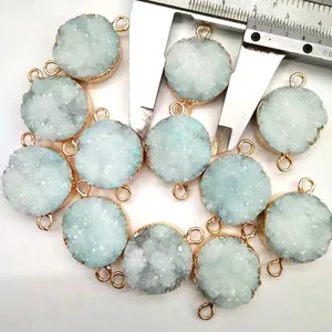 Gold Plated Bezel Small round quartz agate druzy geode gemstone connector for jewelry making