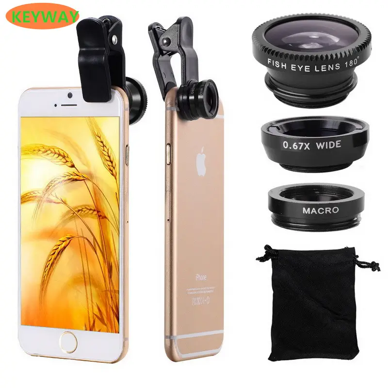 Hot 3 In 1 Mini Clip-on Optic Cell Phone Camera Lens Kit 235 Degree Fisheye Lens + 0.4x Wide Angle + 19x Macro Lens for Phones