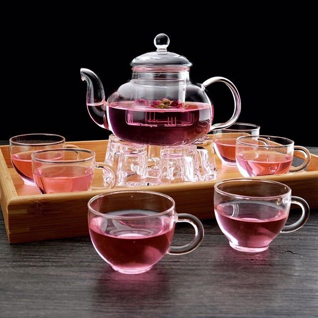 borosilicate Glass Filtering Tea Maker Teapot with a Warmer and 6 Tea Cups Set