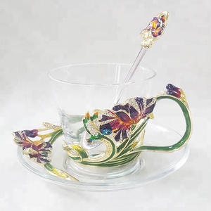 Taza de Agua o Café de Vidrio con Flores Metálicas de Lujo, Estilo Antiguo Vintage con Cuchara y Plato, Taza de Regalo - Product Image 4