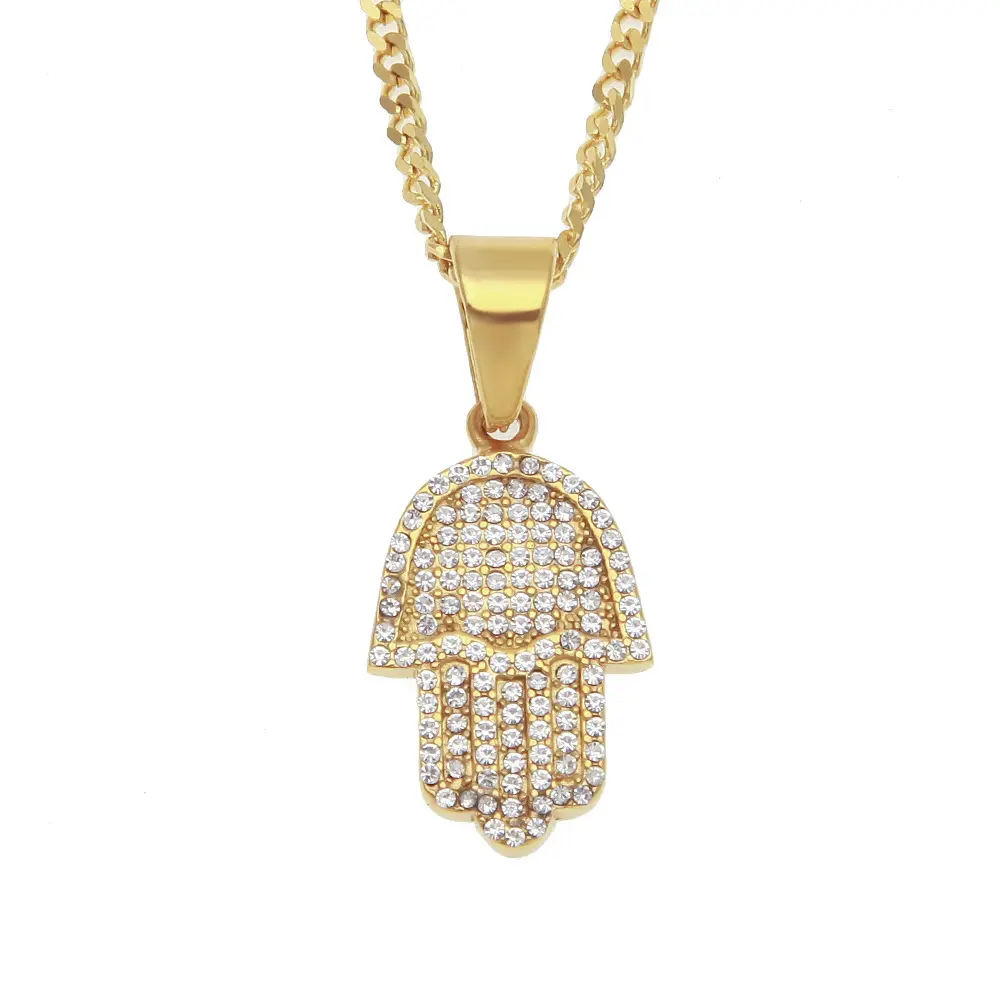 2019 high quality hip hop bling cuban chain 24" Hamsa necklace women Men couple gold silver iced out Hamsa hand pendant necklace