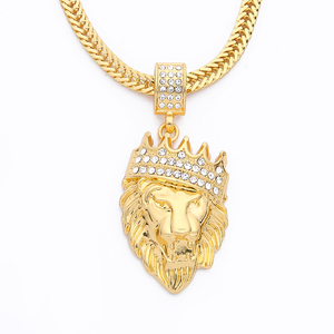 Nuova <span class=keywords><strong>Collana</strong></span> Statement da Uomo con Pendente a Testa di <span class=keywords><strong>Leone</strong></span> e Corona HipHop in Oro 2017 - Product Image 1