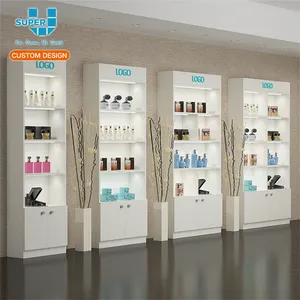 Tailor Made Wooden Veneered Wall Display Shelf Custom Lighting Cosmetic Cabinet with Headbox