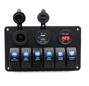 6 Gang Control switch Panel 12-24V ABS Waterproof RV Boat Marine Green LED Rocker Switch Panel Circuit Breaker