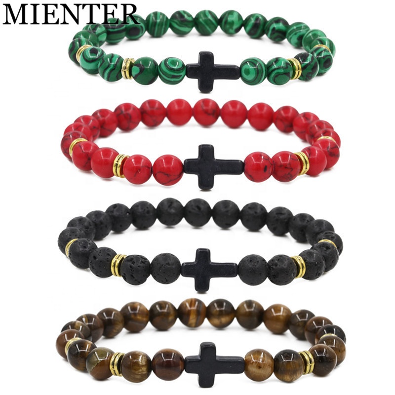 Custom Unisex Men 8ミリメートルNatural Lava Stone Beads Cross Bracelet