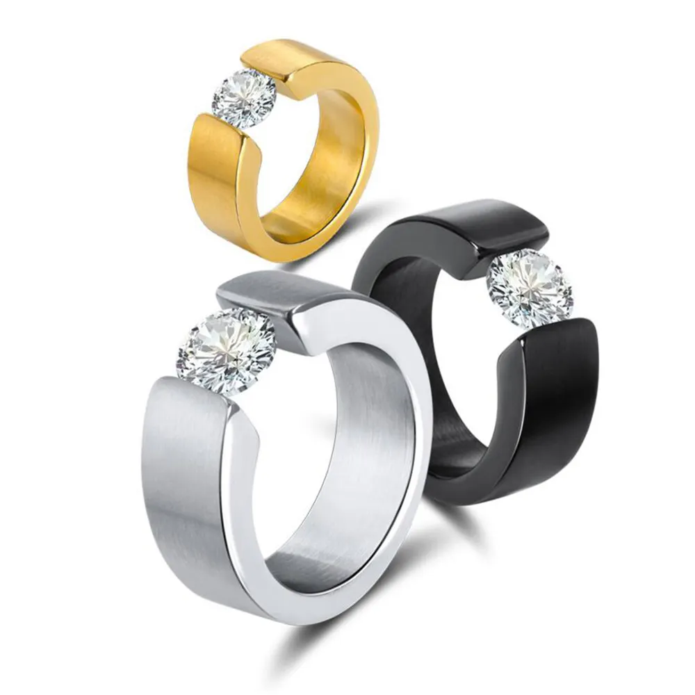 Luxe Ronde Cz Zircon Ring Voor Mannen Vrouwen Zwart Goud Zilver Kleur Rvs Engagement Anniversary