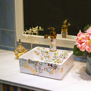 Lavabo de salle de bain rectangulaire, évier de salle de bain en céramique avec motifs de fleurs et d'oiseaux dorés - Product Image 2