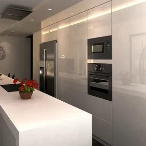 Paquete plano de armarios de cocina, diseños de armario de cocina blanco brillante, armario de cocina moderno