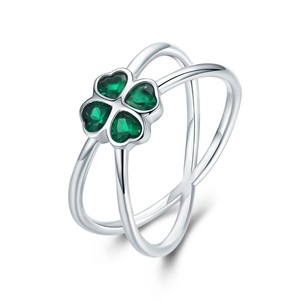 BAGREER SCR196 coreano verde suerte cuatro hojas CZ piedra línea doble anillo de trébol S925 dama de plata anillo de moda de joyería de las mujeres