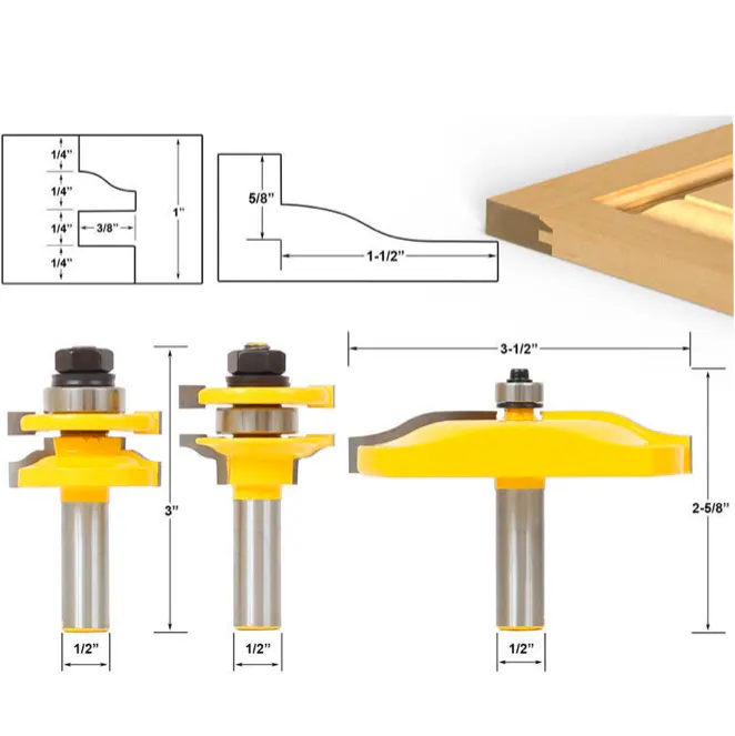 L-N003 2 #3 pz. Set di punte per Router Raiser Rail & Stile and Panel-Large Ogee -1/2 "Shank