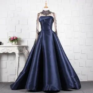 2019 Ball Gown Navy Blue/Burgundy Color Evening Dress Long Sleeve High Neck Ladies Evening Dress African Kitenge Designs Gowns