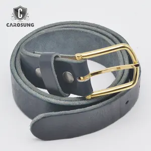 Mens Dark Blue Interchangeable Solid Gold Stainless Steel Pin Buckle Handmade Belt Full Grain Leather Belts With Snap