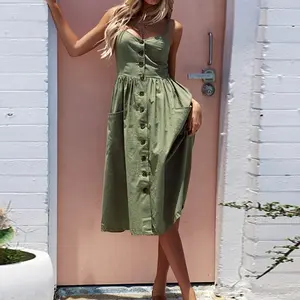 Vrouwen Sexy Zomer Jurken 2018 Boho Plus XXXL Backless Mouwloze Knop Gestreepte Solid Midi Jurk Slip Zonnejurk Met Zakken