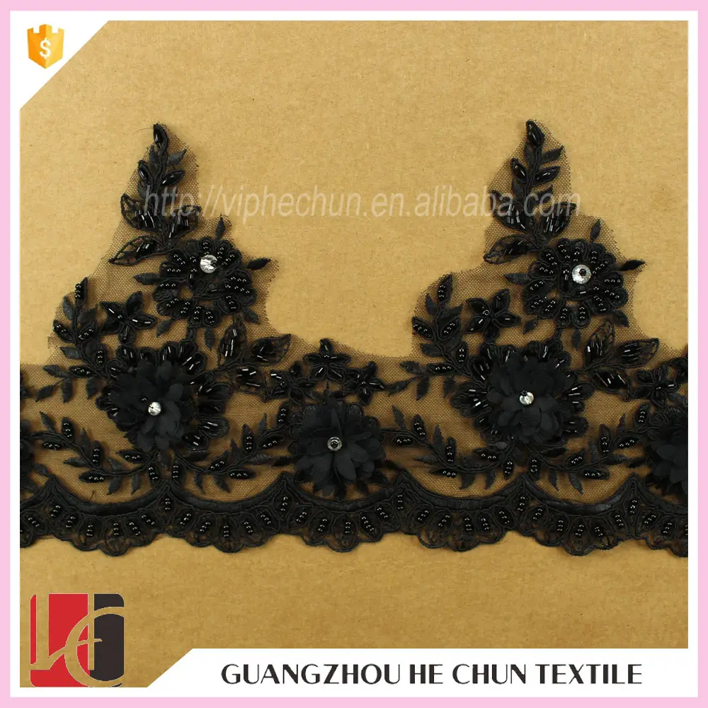 HC-6221-1 Hechun Black Sew Crystal Fancy Stone Chiffon Flower Indian Saree Border Lace Trim